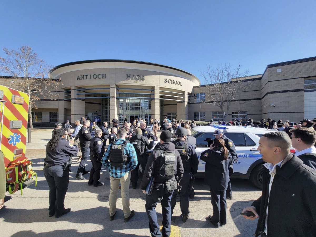 Emergency personnel outside Antioch High School