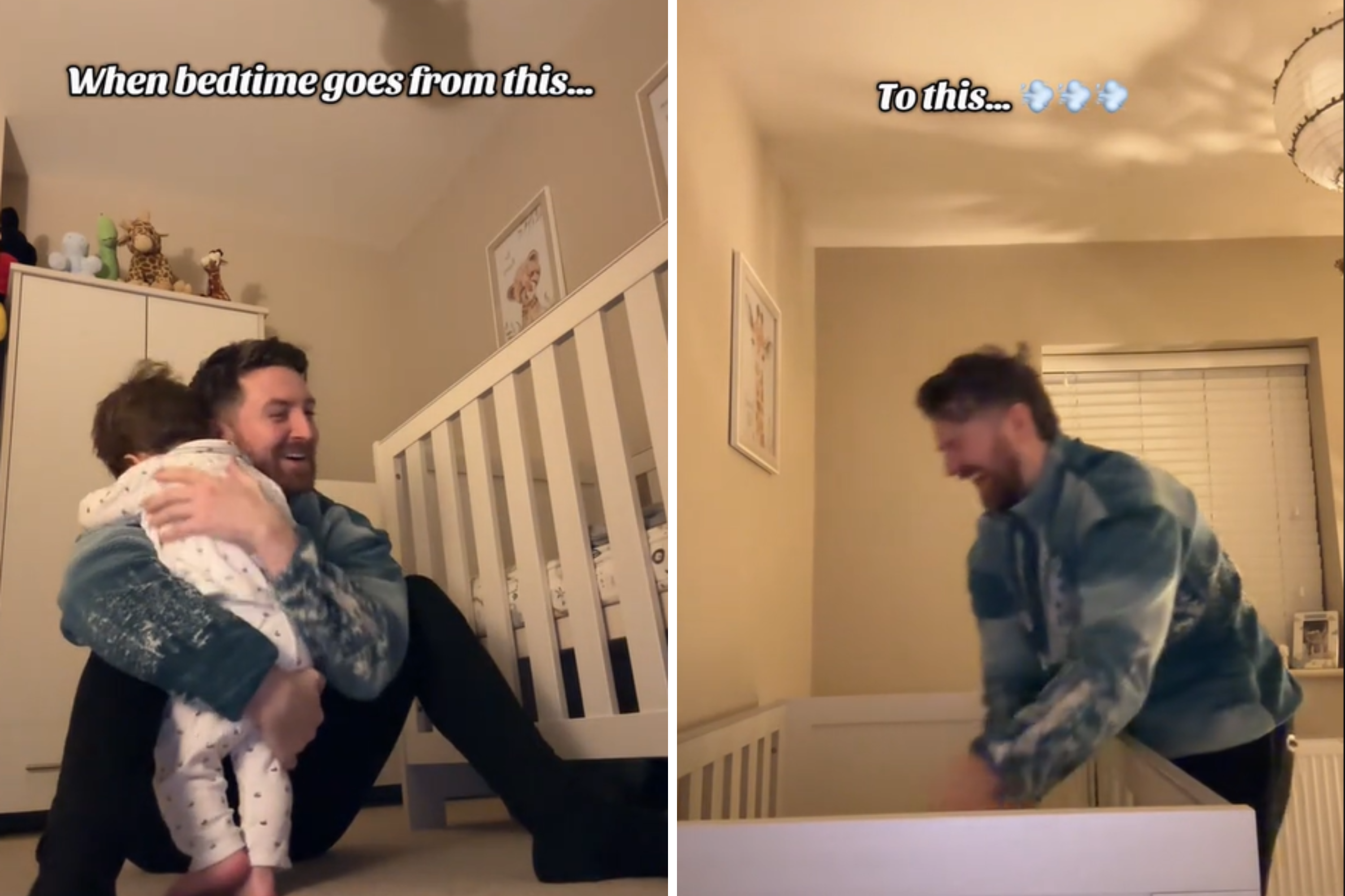 Toddler and dad in hysterics as bedtime turns into "absolute carnage"
