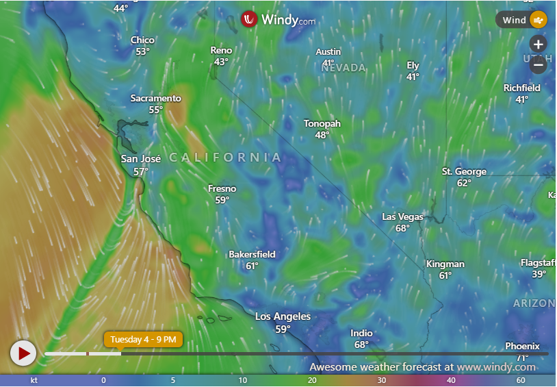 California Map Shows Wind Gusts Up to 60 Miles Per Hour