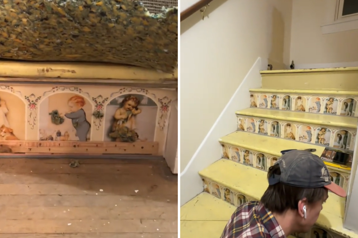 Wallpaper with babies on it on stairs