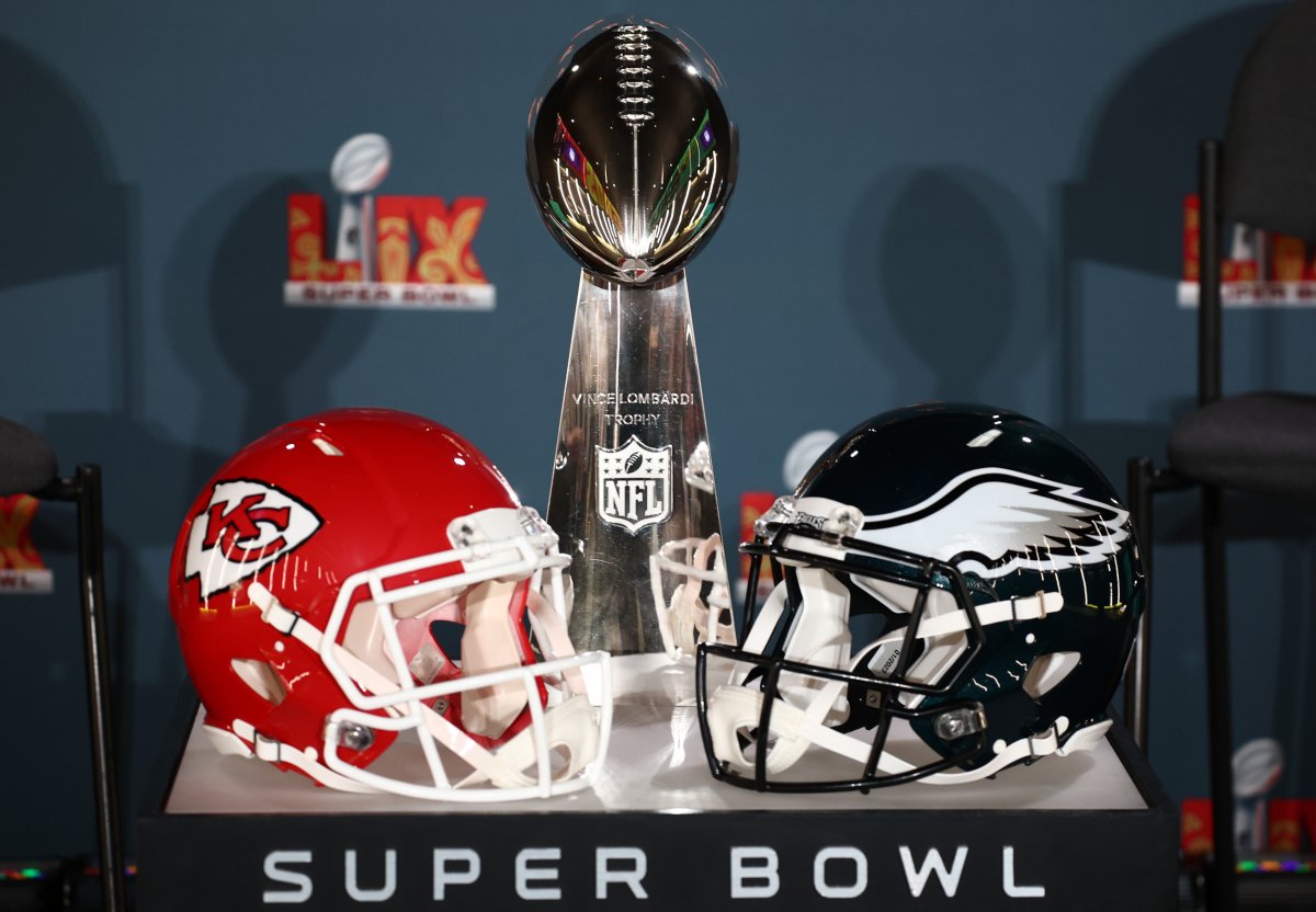 Chiefs helmet, lombardi trophy and eagles helmet