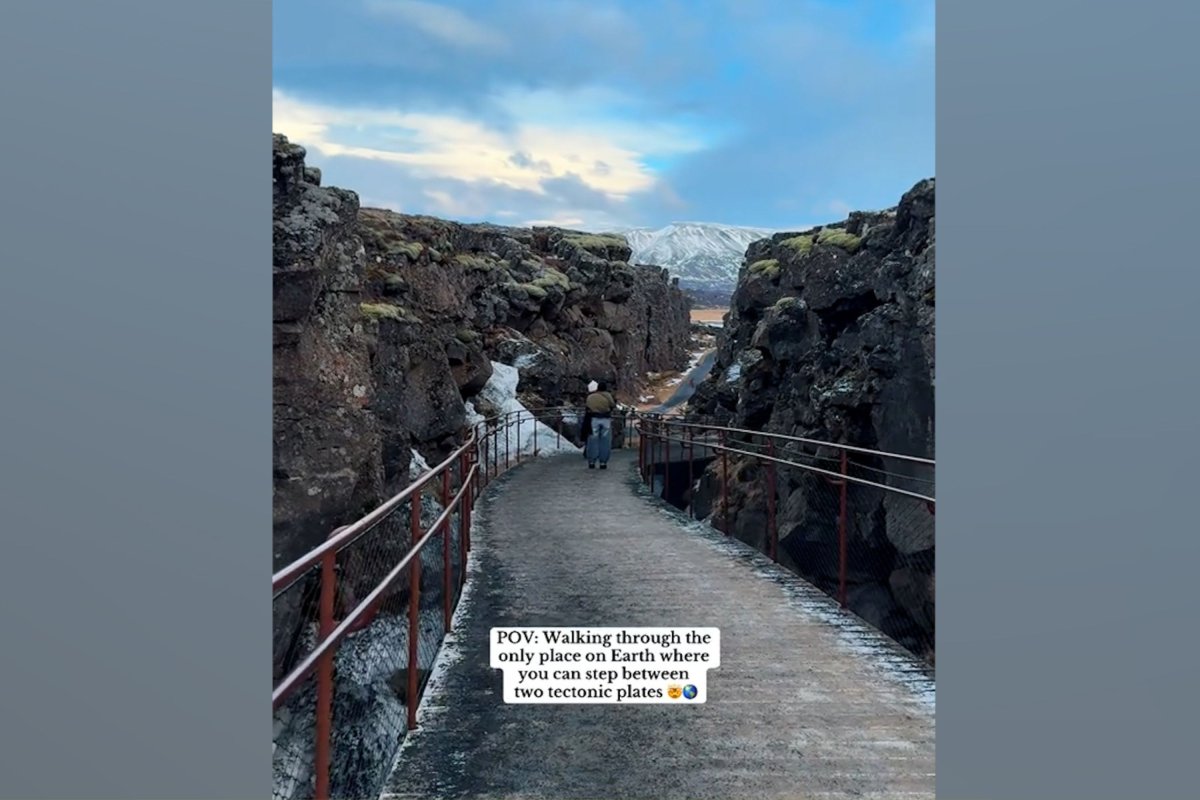 Iceland tourists walking between tectonic plates