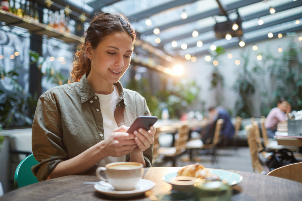 Woman Smartphone Coffee Croissant Terrace Coffee Shop