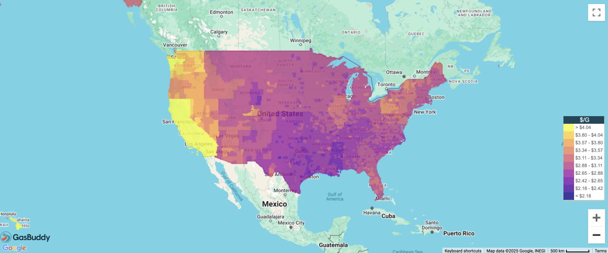 Mapa de precios de la gasolina de Gas Buddy