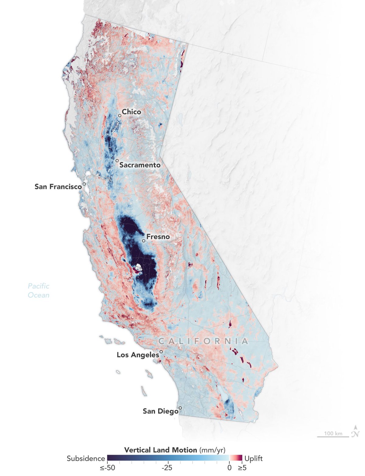 Un mapa del movimiento vertical de la tierra en California