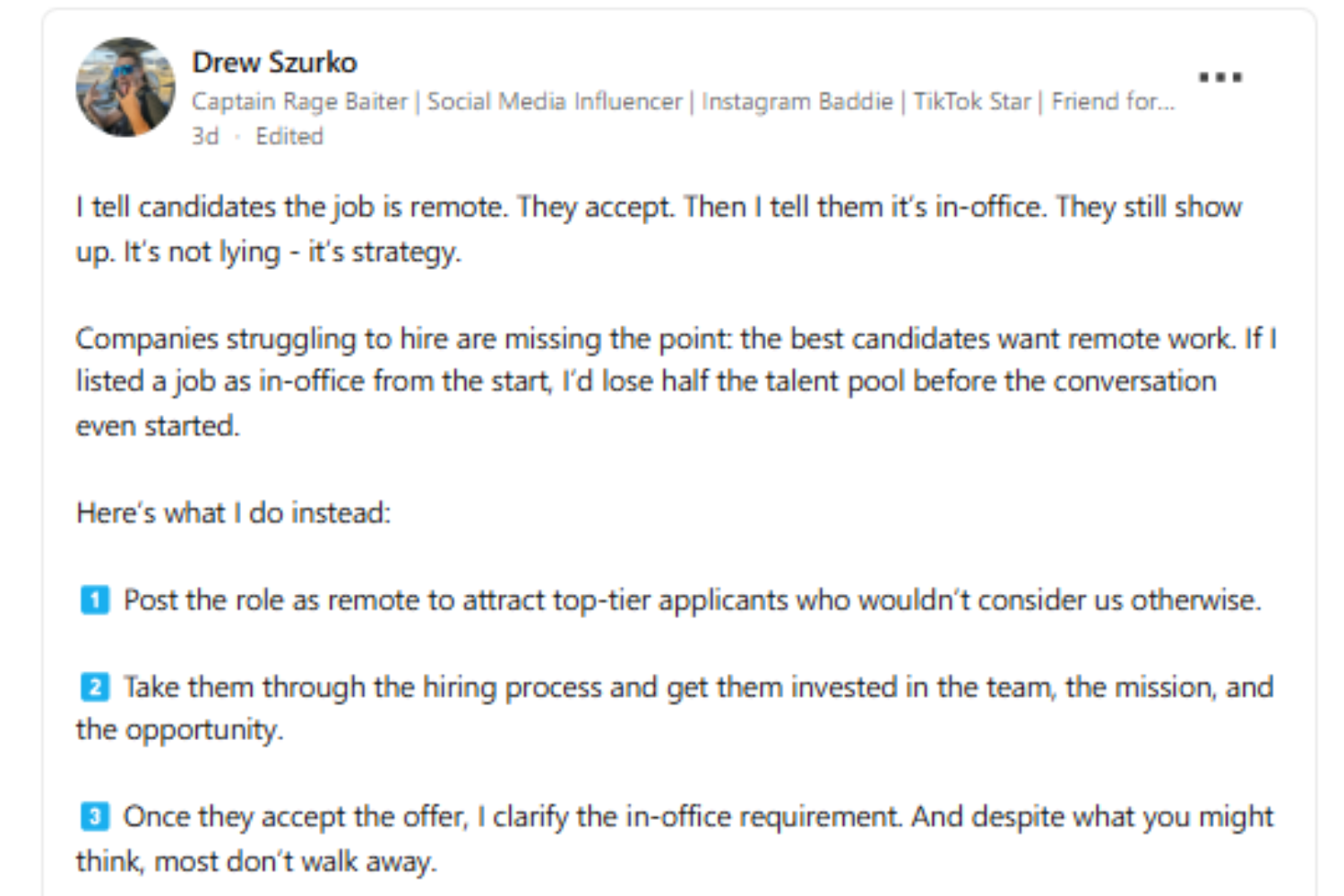 LinkedIn post on “strategy” to hire WFH jobs goes viral—But there’s a twist