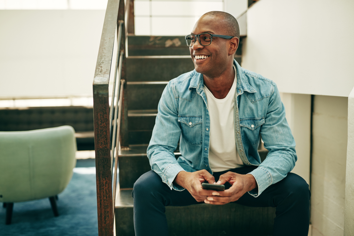 Man Glasses Holding Mobile Phone Office Building