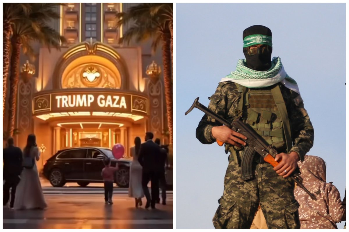 An image from President Donald Trump's AI Gaza video and what appears to be a Hamas fighter.