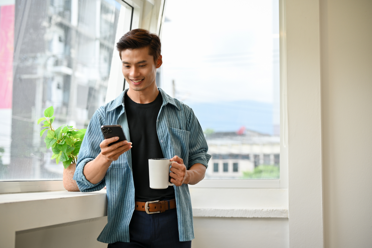 Man Casual Clothes Office Mobile Phone Coffee