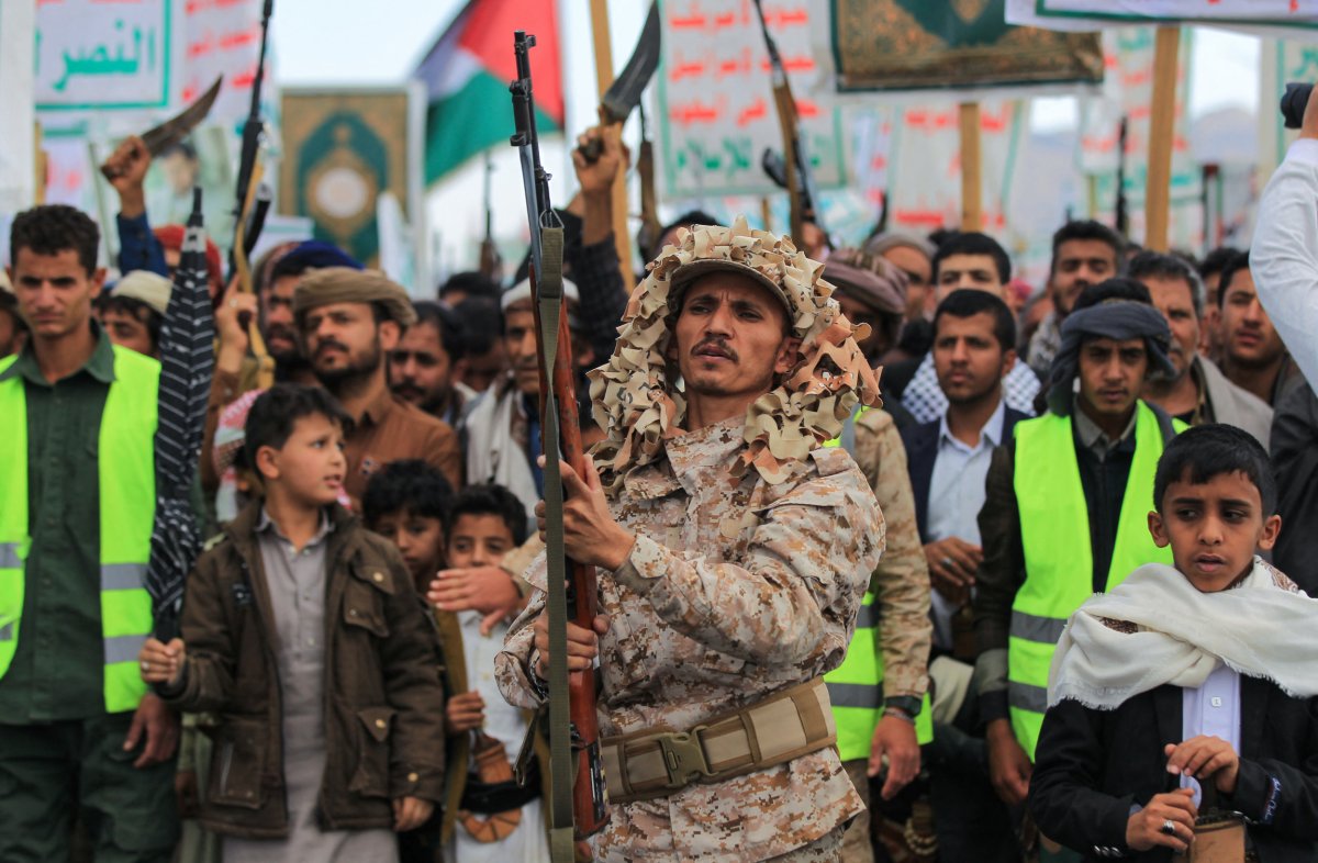 Houthi, fighter, at, protest