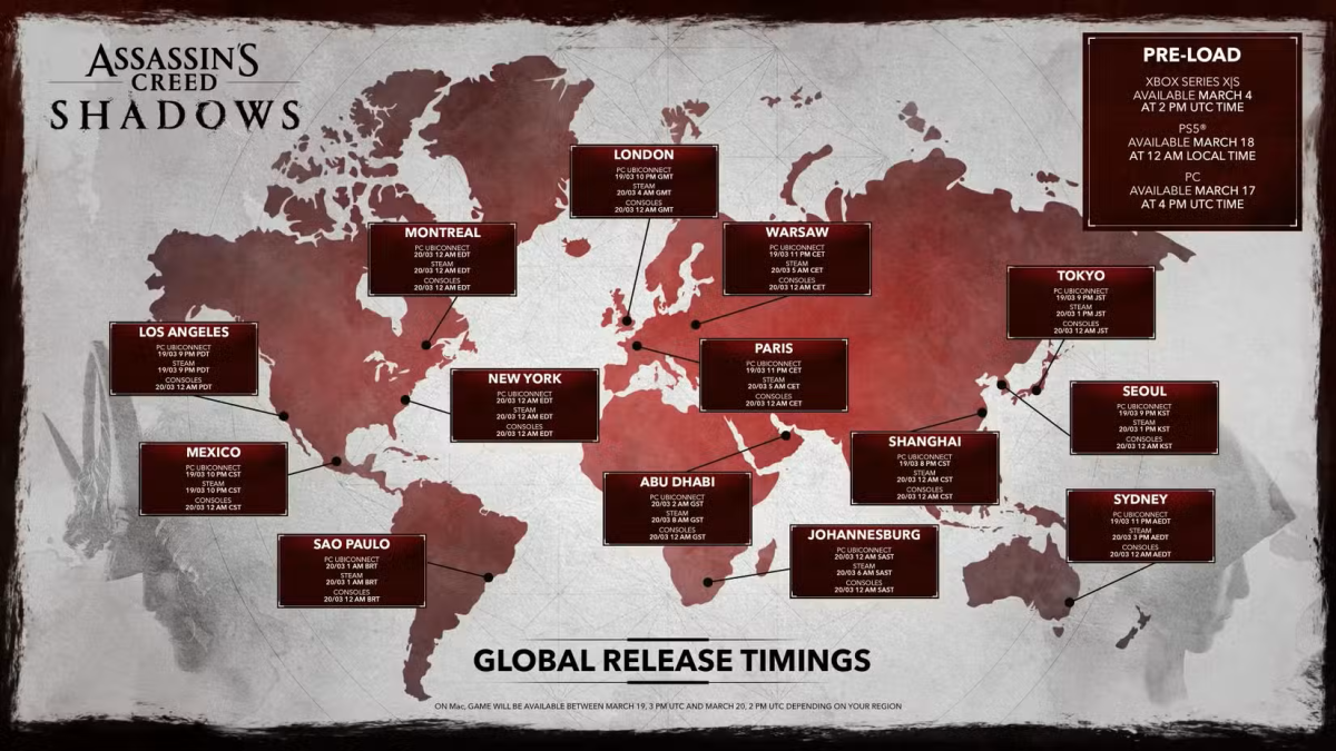 Assassin's Creed Shadows Launch Times