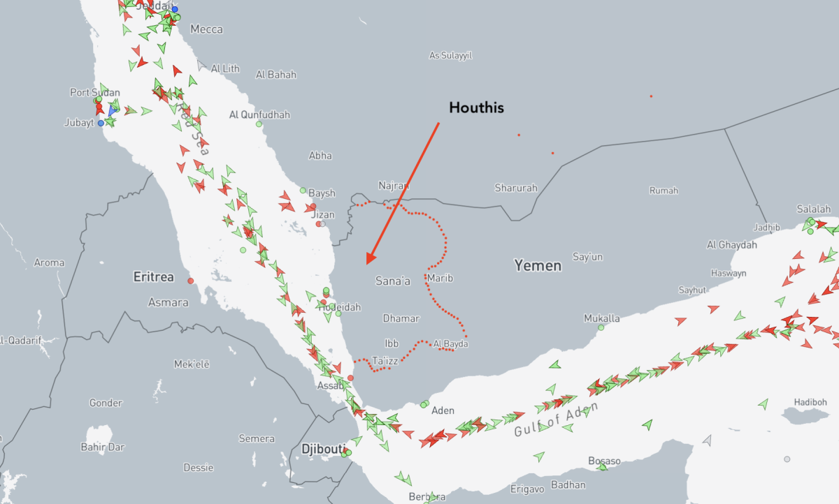 Map of Red Sea and Houthis