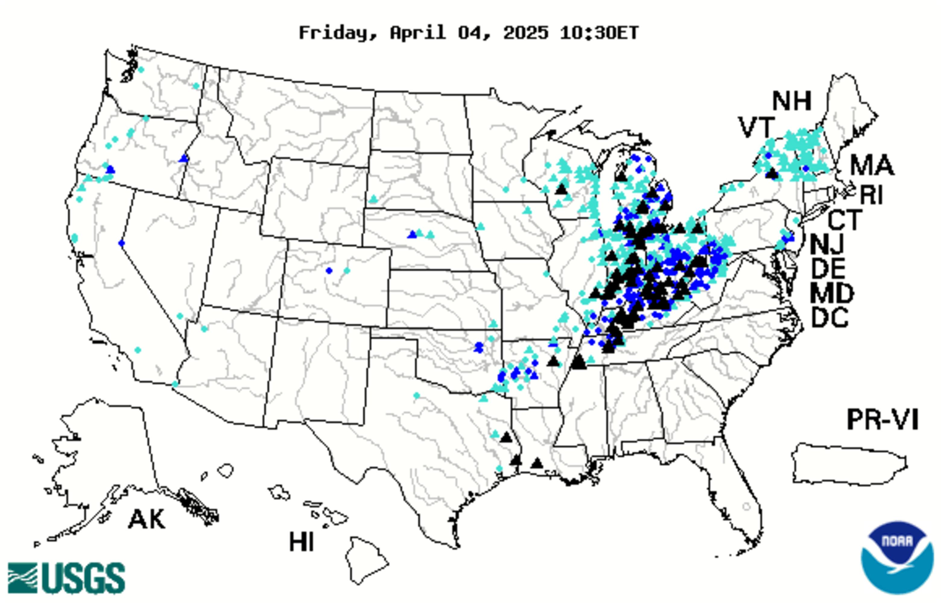 Map shows river water levels in US that are massively higher than normal