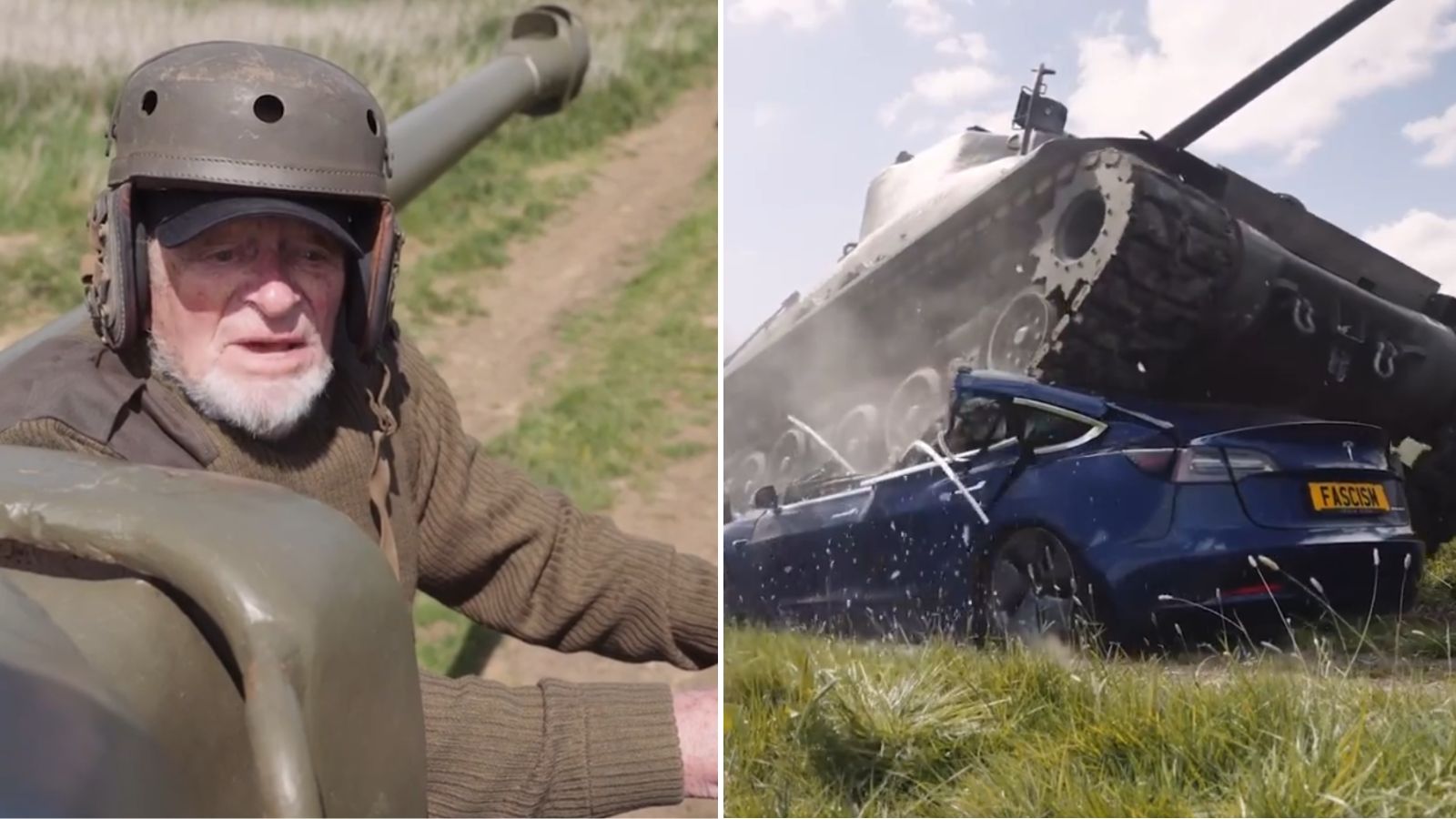 WW2 veteran runs tank over Tesla