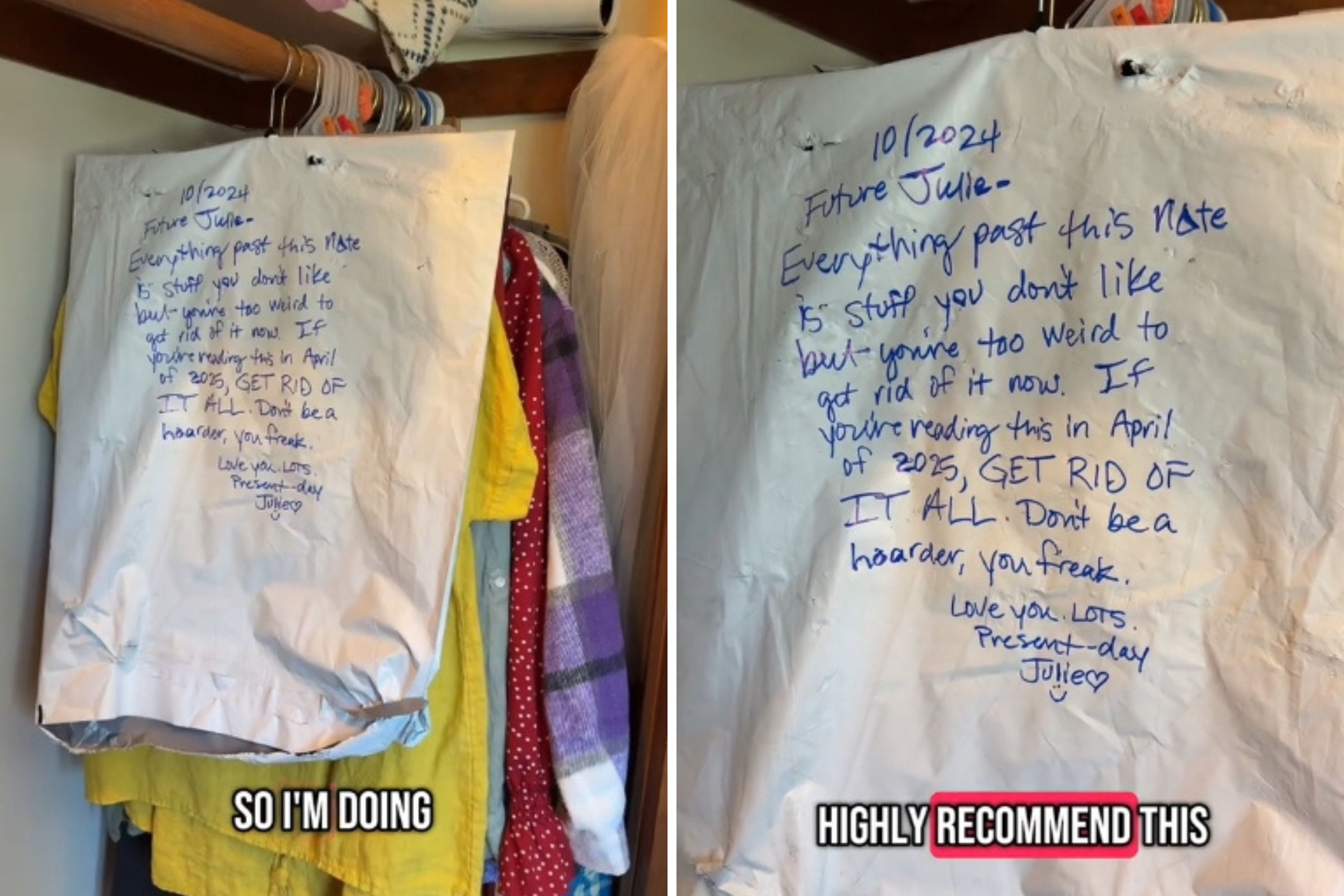 Woman switching out seasonal clothes discovers handwritten note