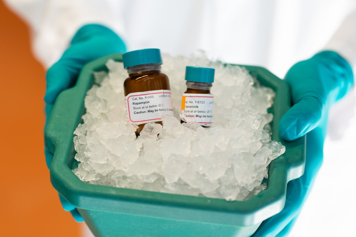 Bottles of Rapamycin and Trametinib on ice