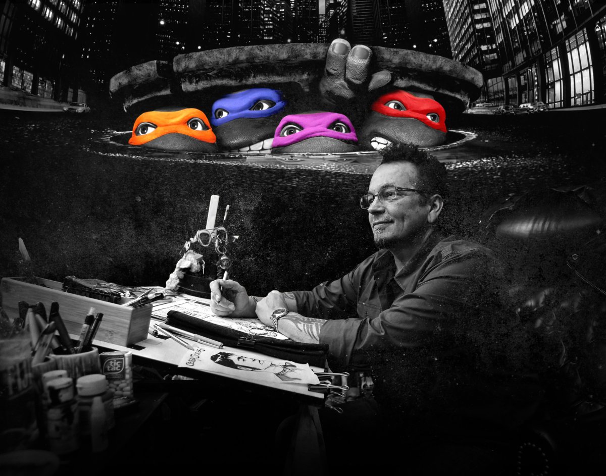 Headshot of Kevin Eastman with the turtles