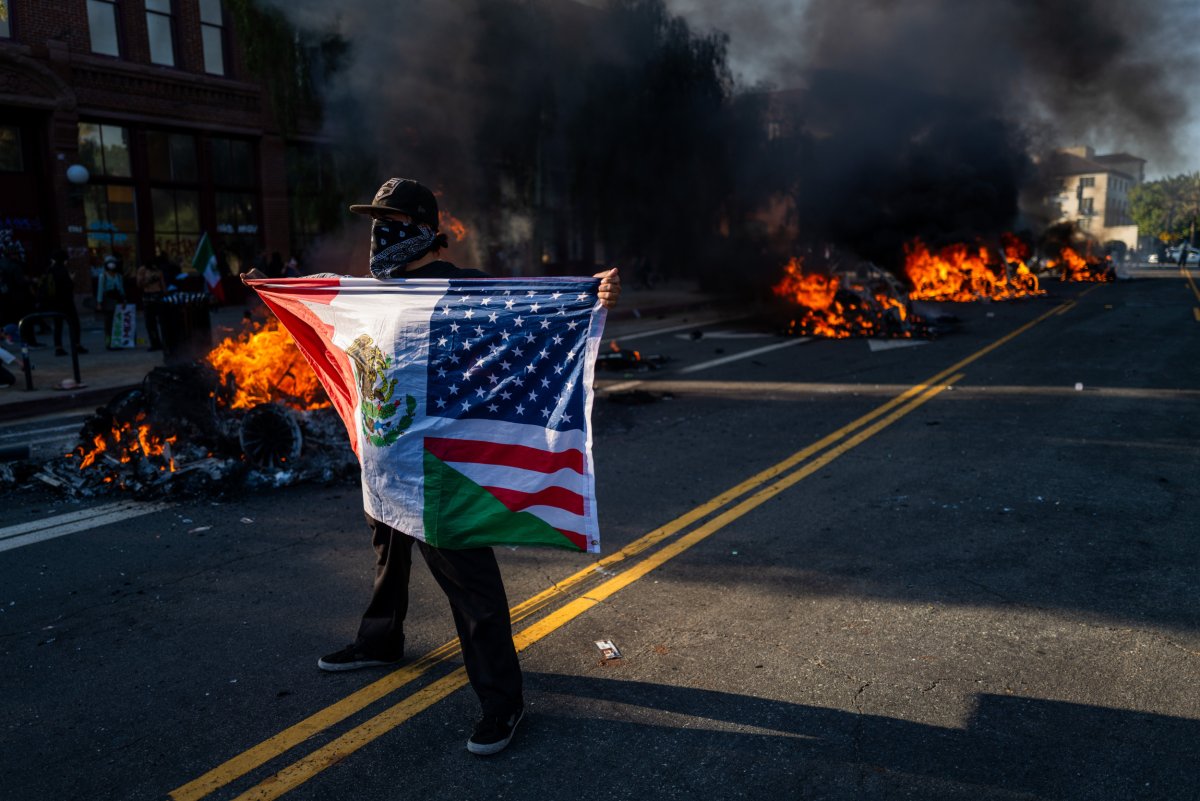 Los Angeles protestor with flag