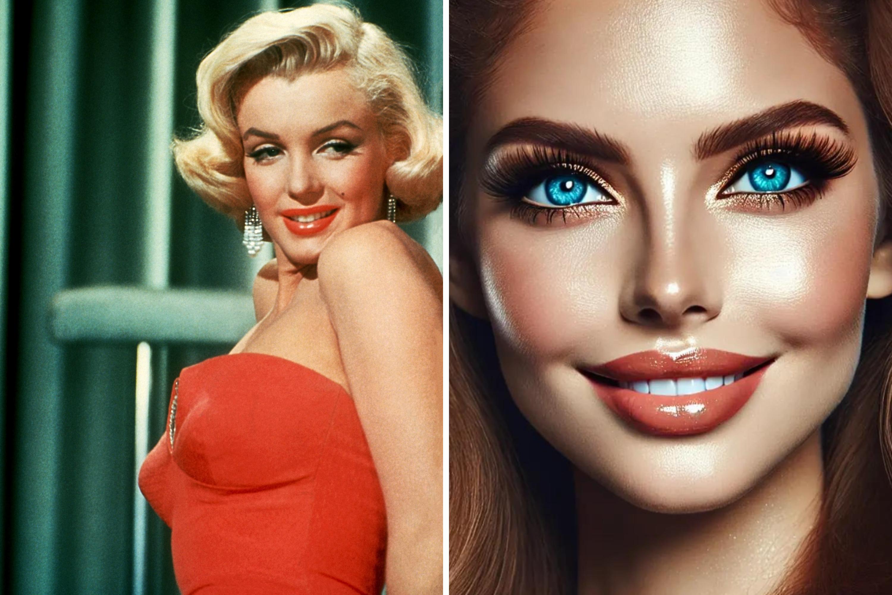 From left: American actress and model Marilyn Monroe poses for a portrait wearing a red dress in Los Angeles, California, circa 1960; and an AI-generated image of a ''beautiful woman'' by TikTok creator @wizawoza. Getty Images / @wizawoza