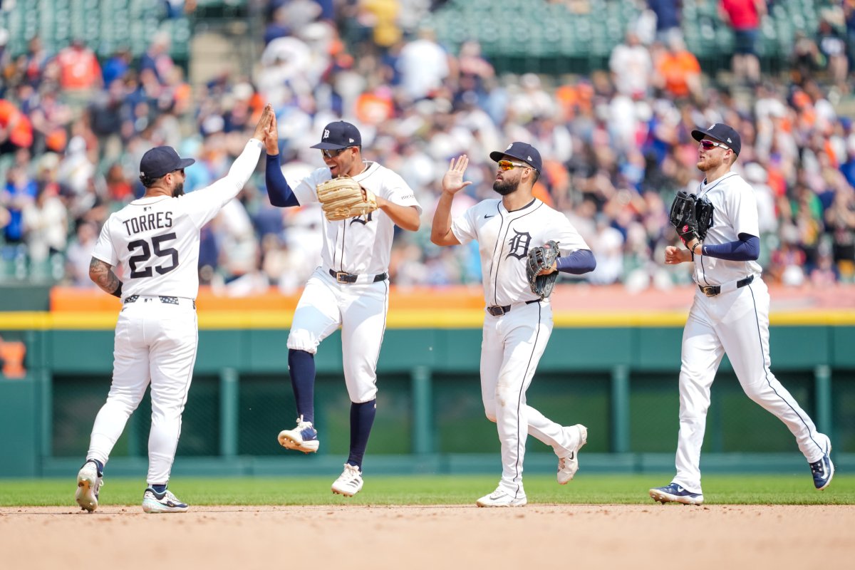 Detroit Tigers players celebrate a victory.