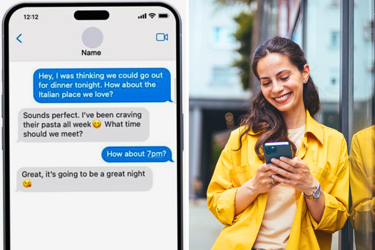 Woman Smiles At Phone And Texting Composite