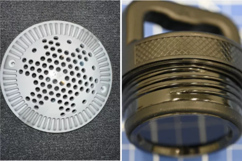 Trendsnip Close-up of the recalled pool drain cover and the Ozark Trail water bottle lid.