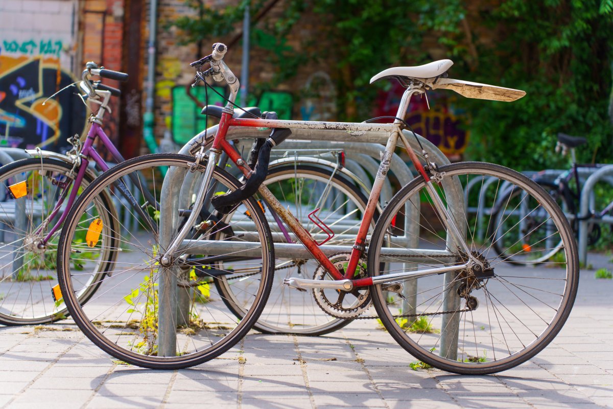 Bike locked to rack.