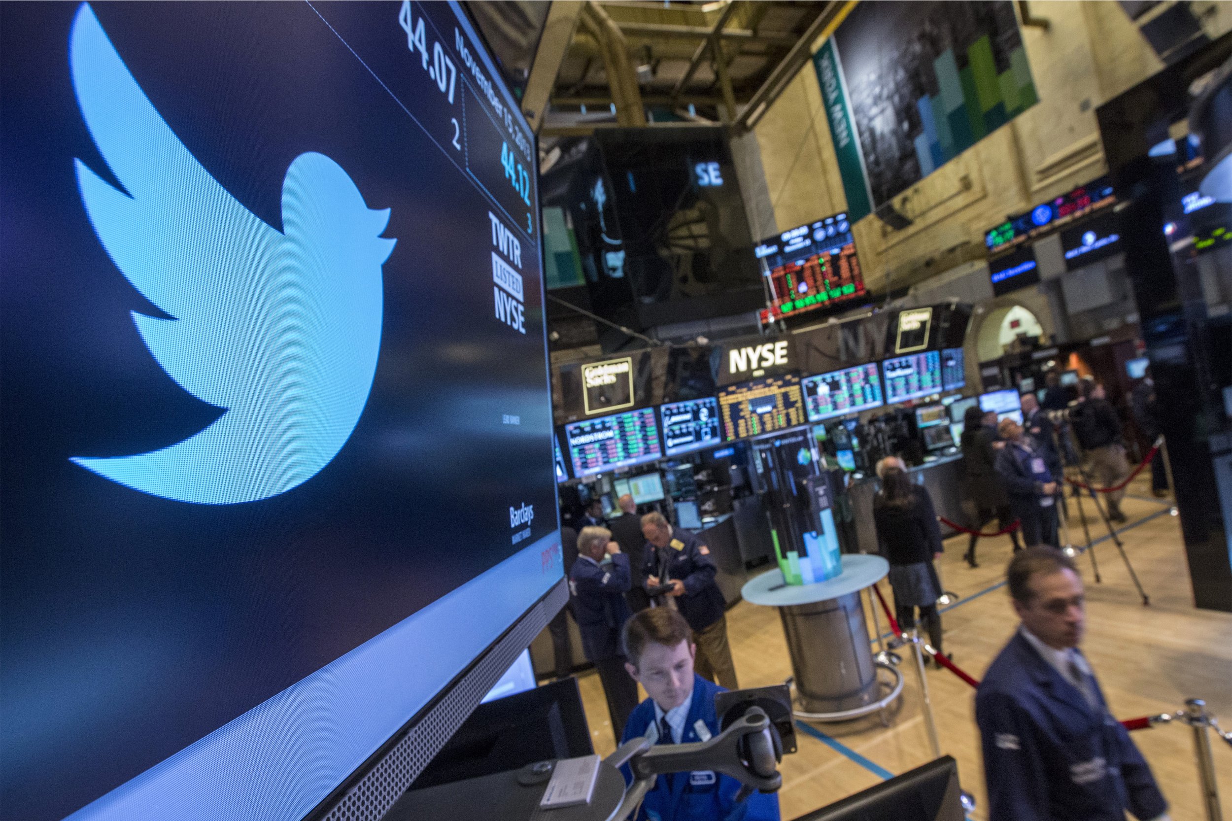 The Twitter symbol is displayed at the post where the stock is traded on the floor of the New York Stock Exchange, November 15, 2013.