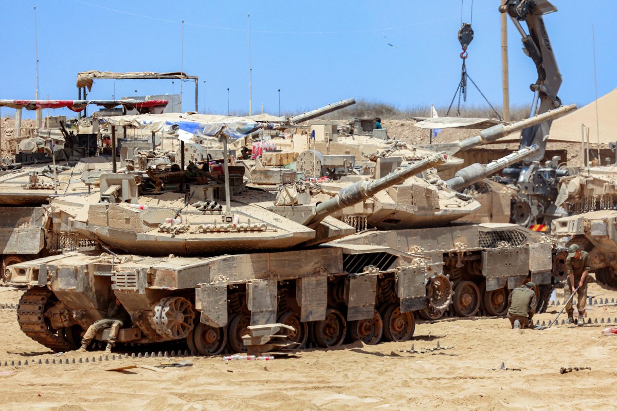 Israeli army main battle tanks positioned near the border with Gaza