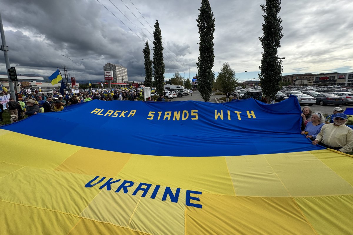 I manifestanti hanno una grande bandiera ucraina