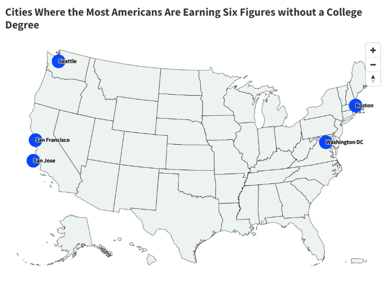 Map Shows The Cities Where the Most Americans Are Earning Six Figures without a College Degree