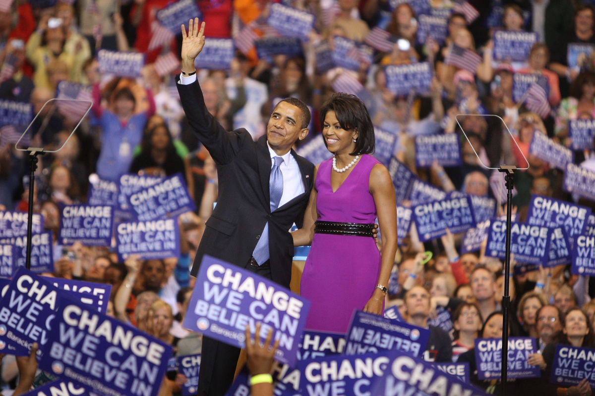 Barack Waves Michelle Obama Smiles Election Rally