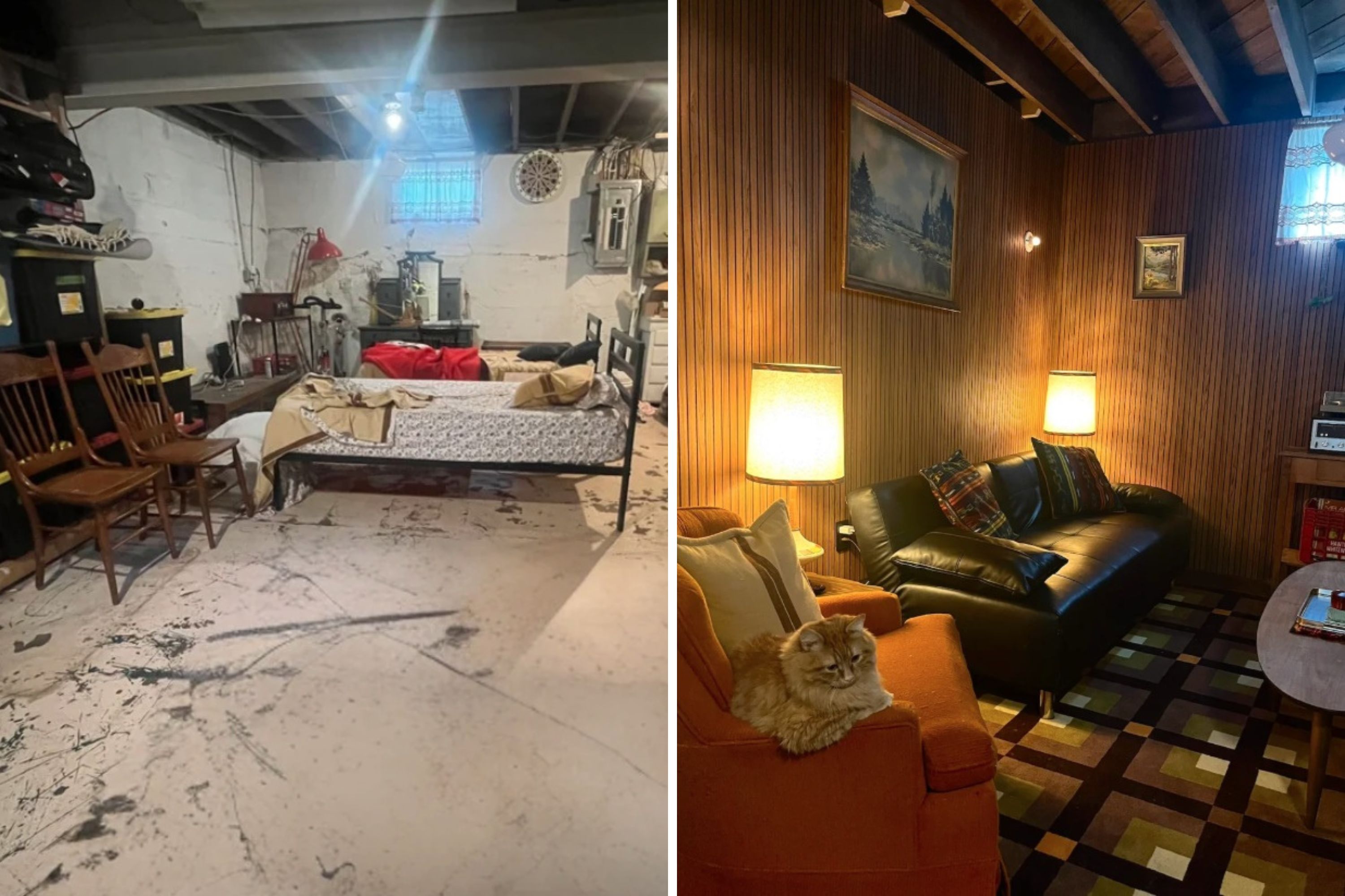 Couple Transforms 100-Year-Old Homes Storm Shelter Basement Into 70s Den