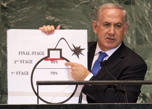 Israeli Prime Minister Benjamin Netanyahu uses a diagram of a bomb to describe Iran's nuclear program. Don Emmert/AFP/GettyImages