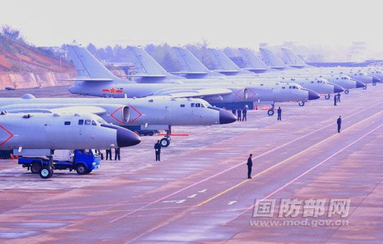 Chinese bombers lined up on an undisclosed airfield