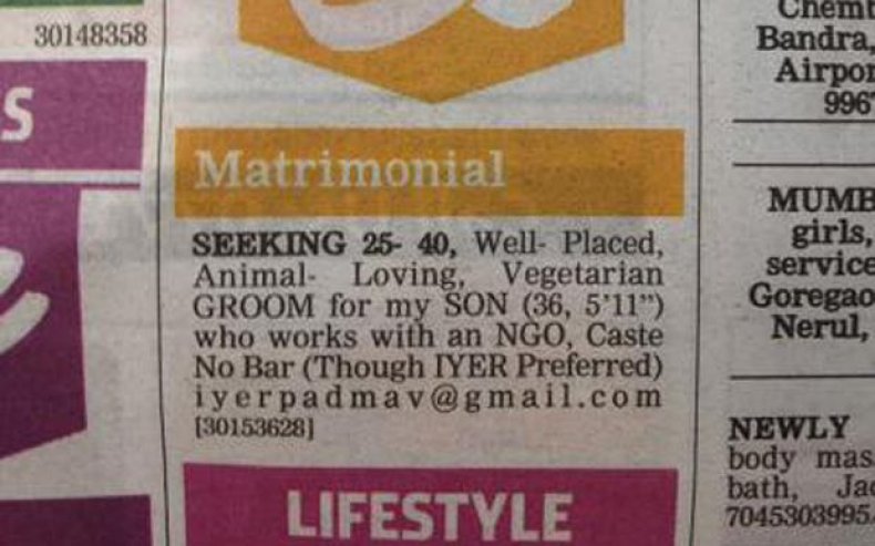 Gay matrimonial ad India