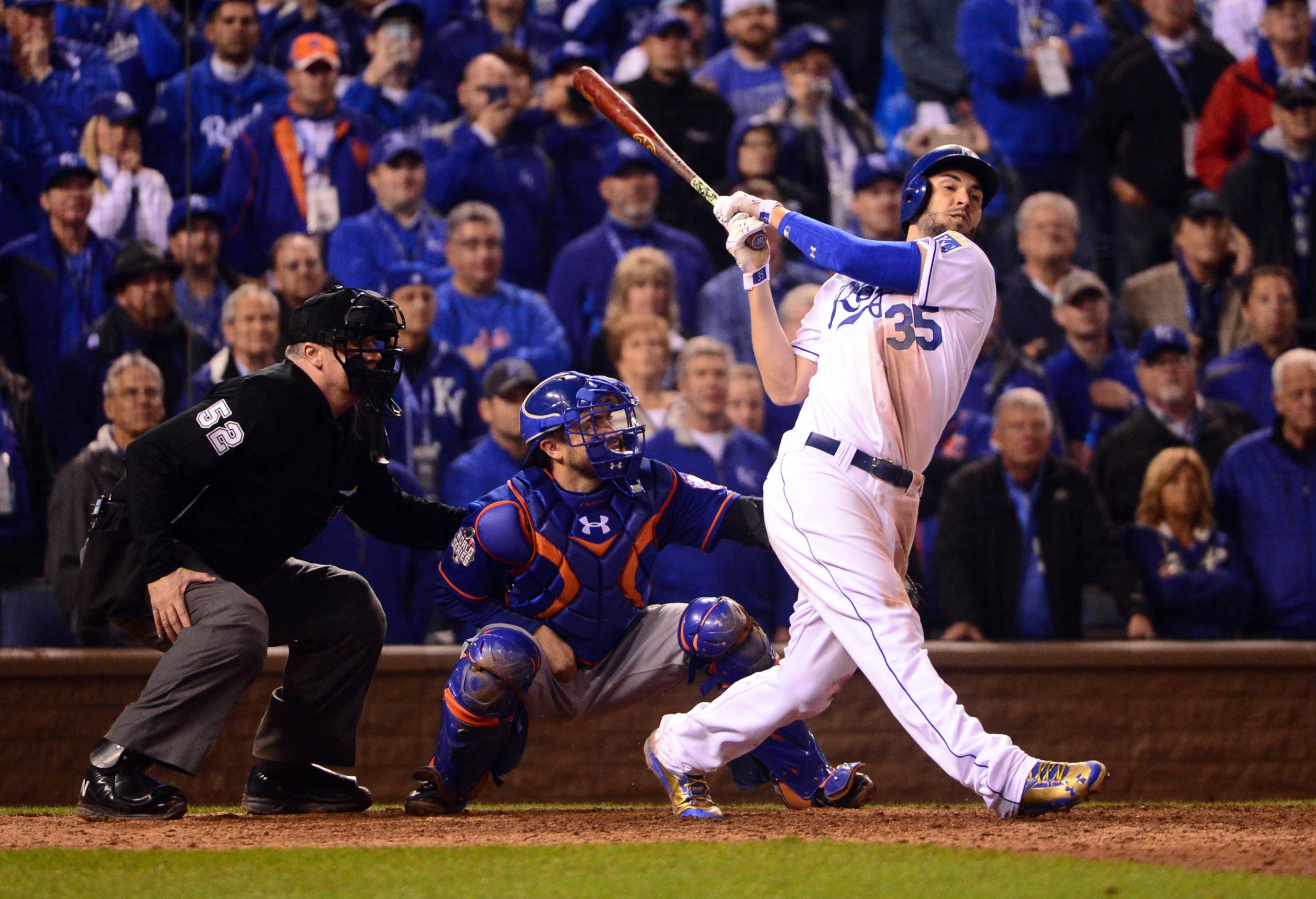 Kansas City Royals Eric Hosmer (35) and Mike Moustakas celebrate holding  off the New York Mets in game 4 of the World Series at Citi Field in New  York City on October