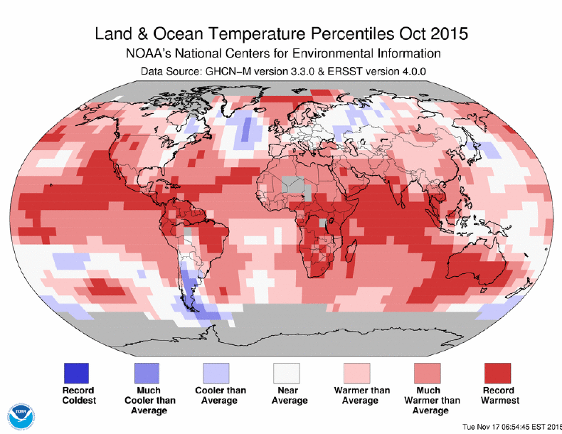 Record warmth October 2015 NOAA