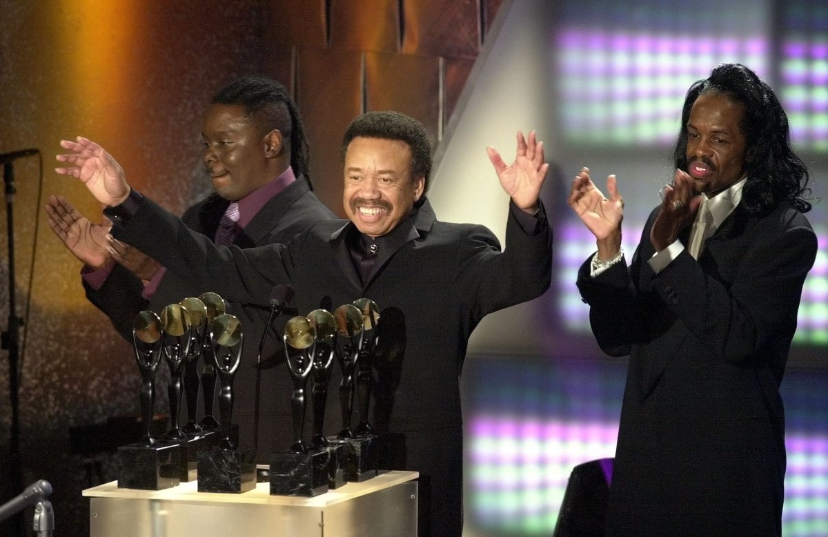 Maurice White of Earth Wind & Fire reacts as the band are inducted into the Rock and Roll Hall of Fame.