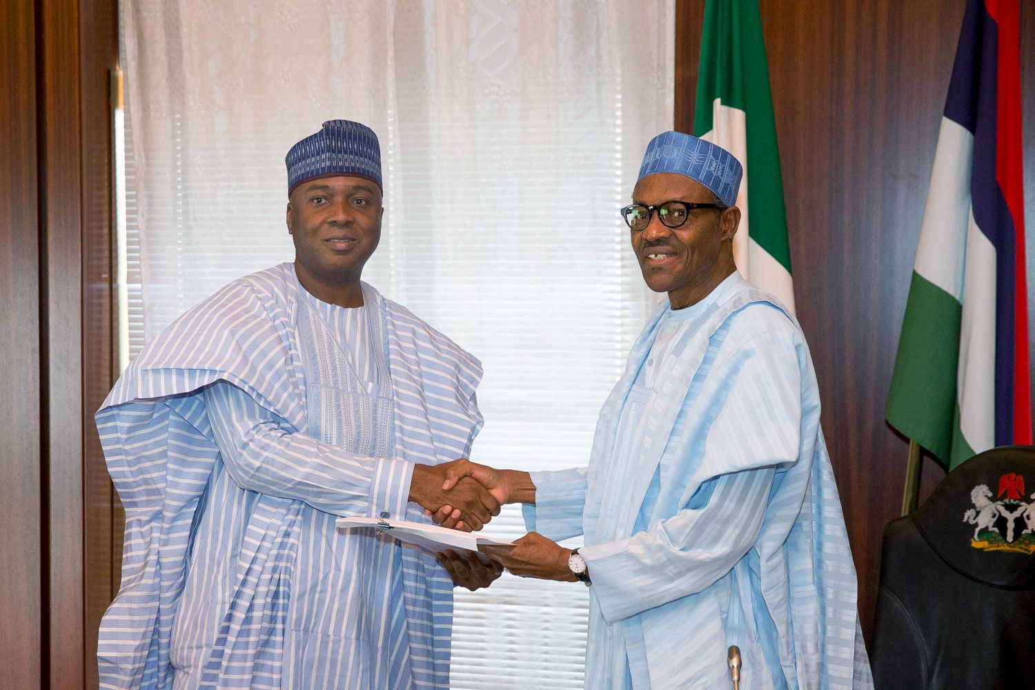 Bukola Saraki, president of the Nigerian Senate, with Nigerian President Muhammadu Buhari.