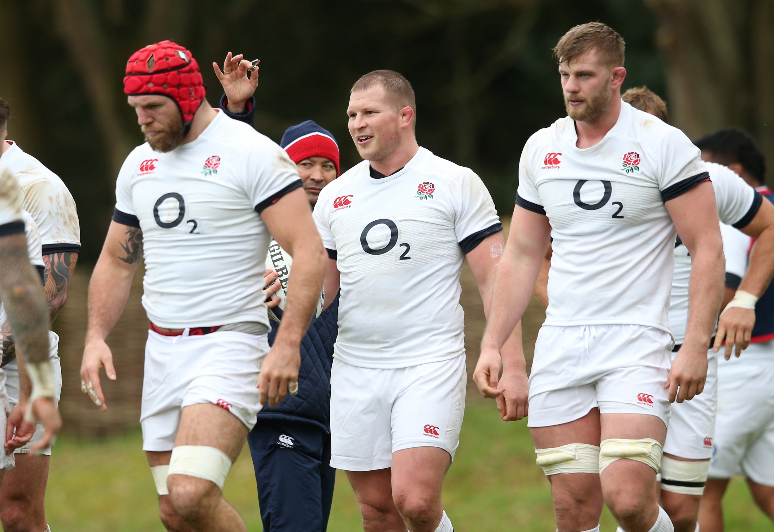 England captain Dylan Hartley with team mates at Pennyhill Park, Bagshot.