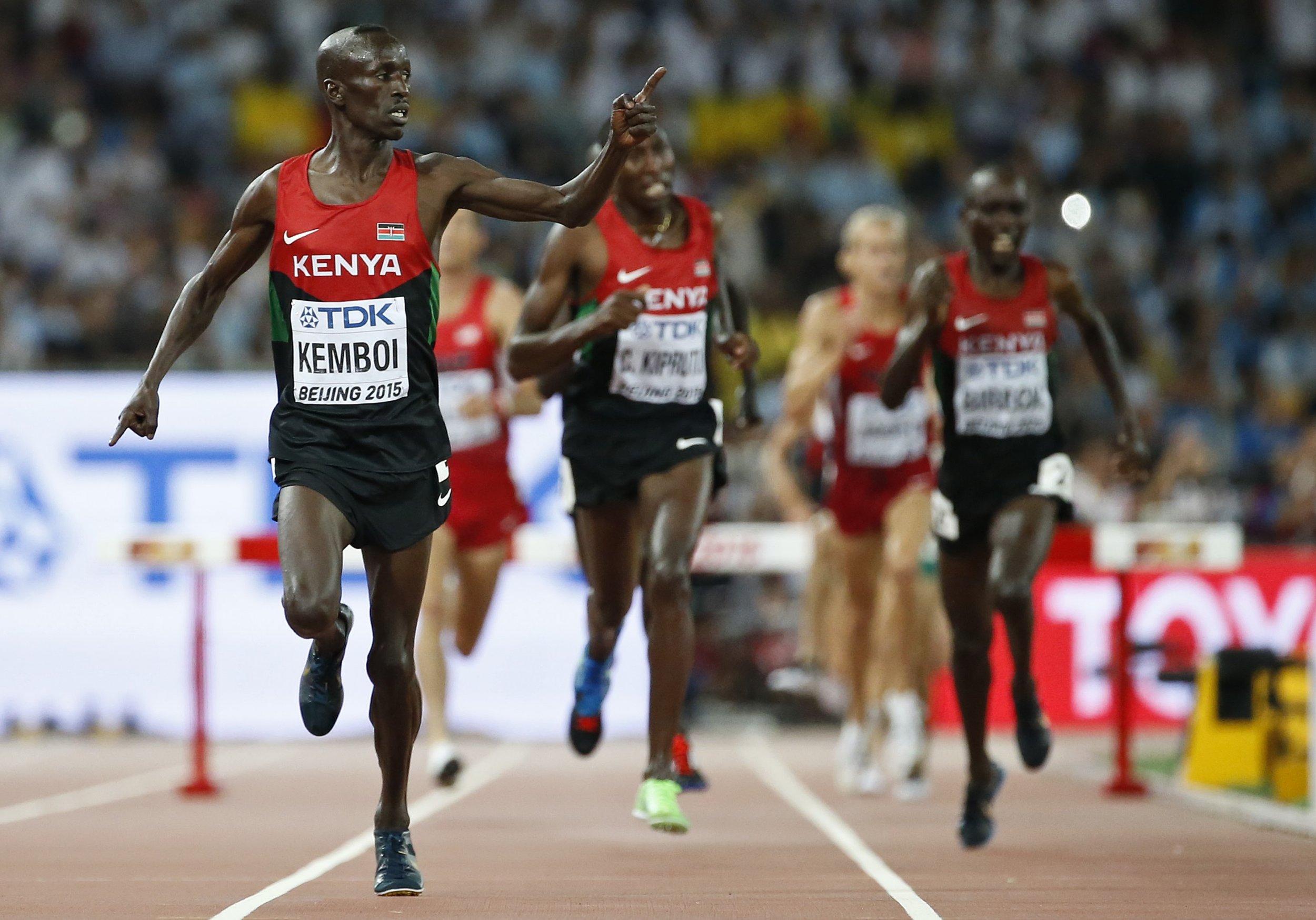 Kenyan athlete Ezekiel Kemboi wins gold at the World Championships in Beijing.