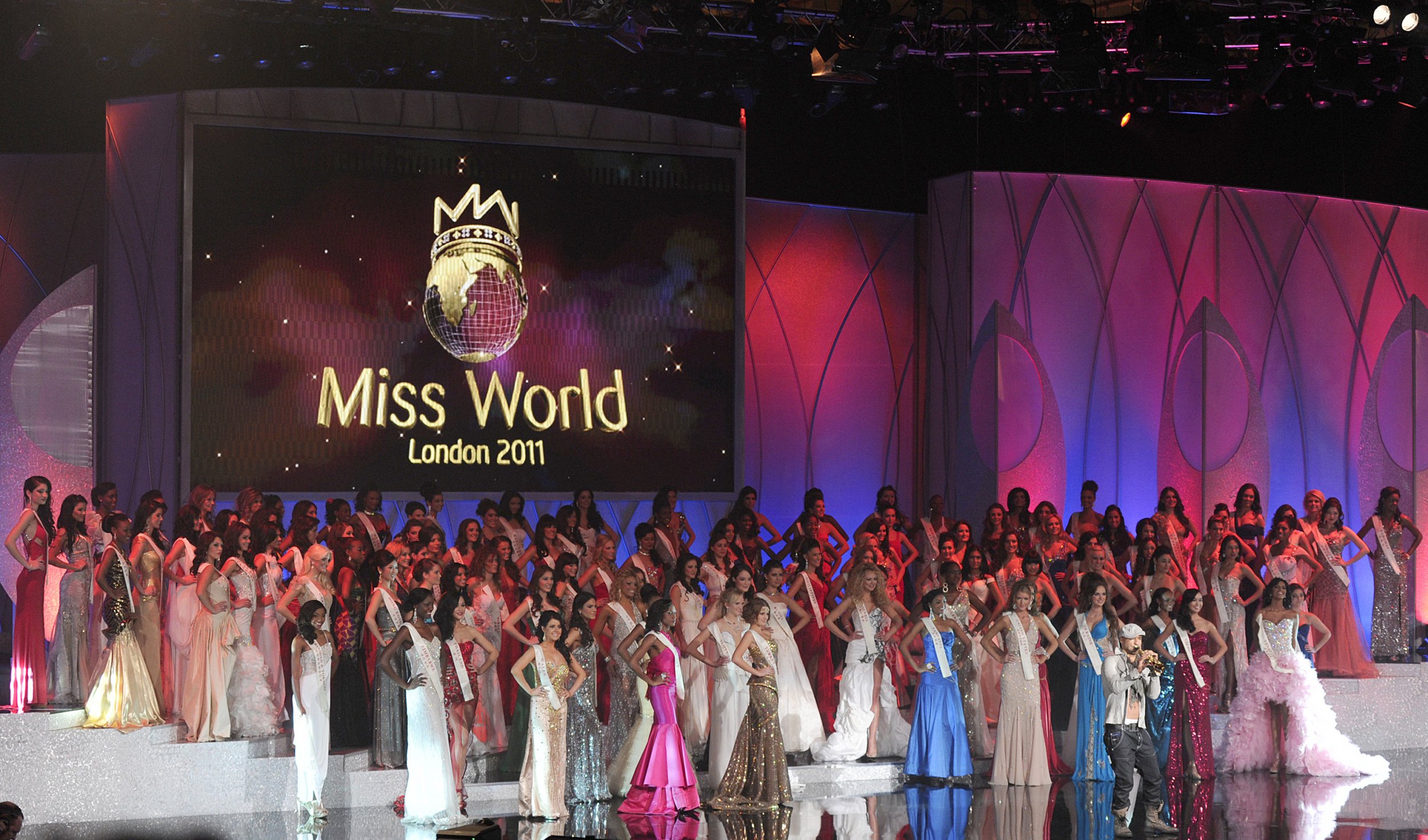 Miss World contestants on stage in London.