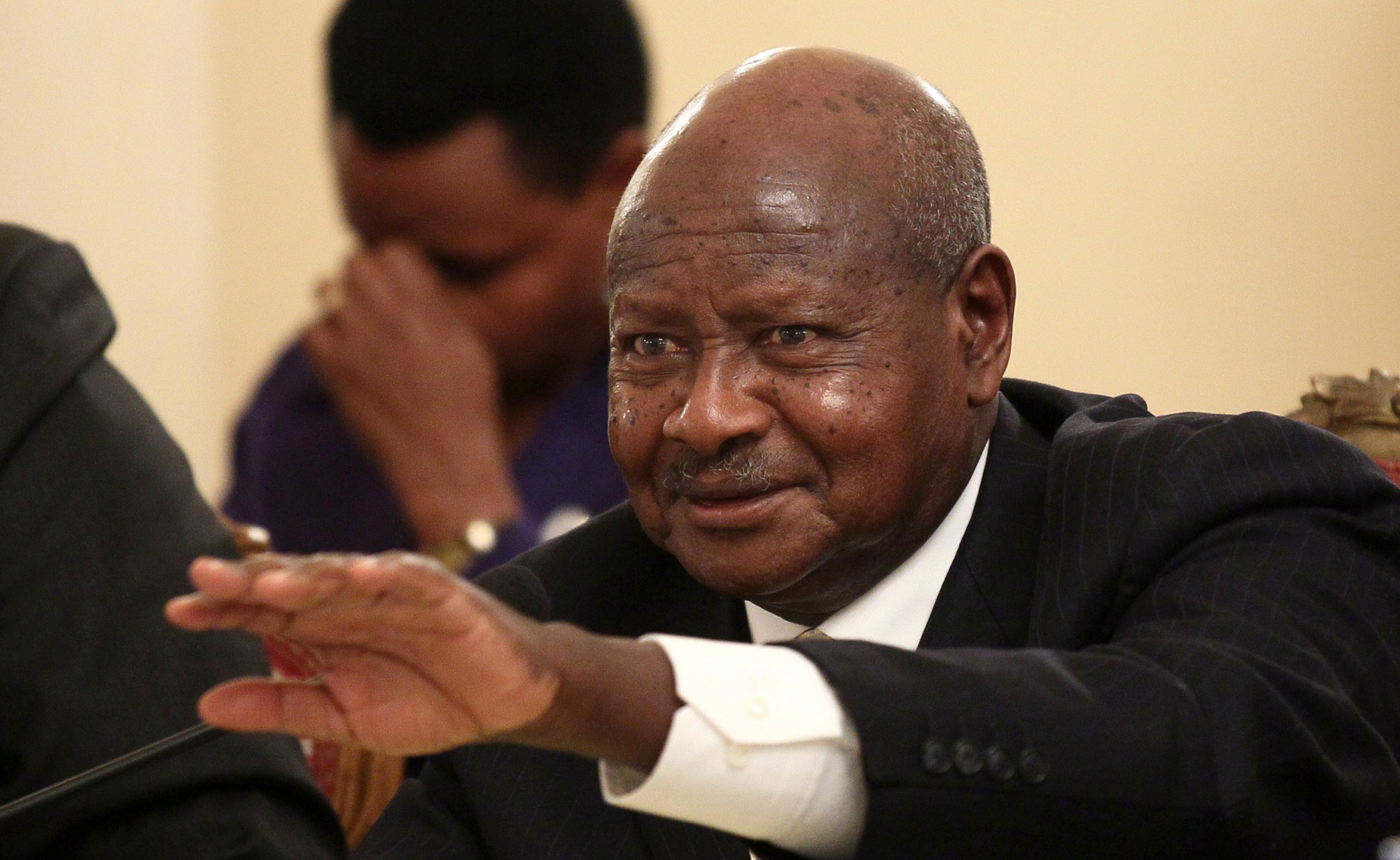 Ugandan President Yoweri Museveni addresses a news conference in Addis Ababa.