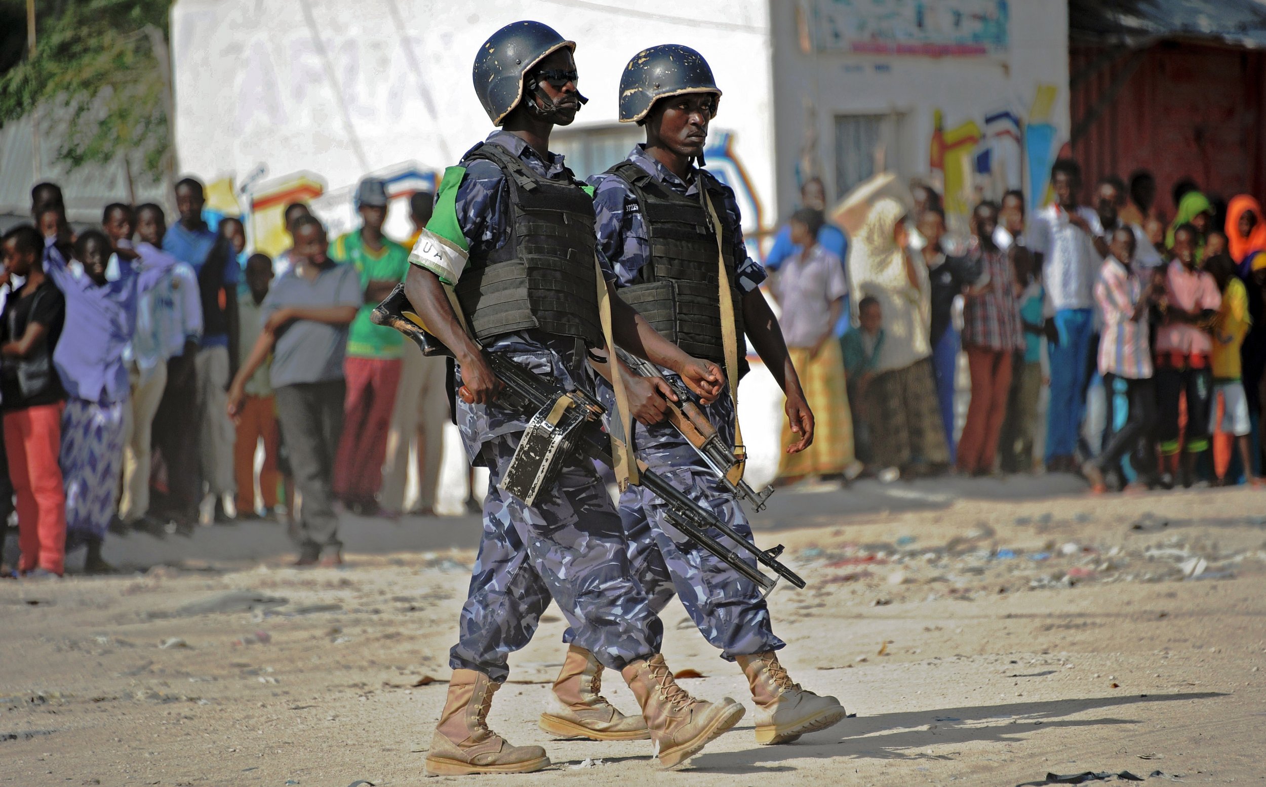 AMISOM soldiers patrol in Mogadishu.