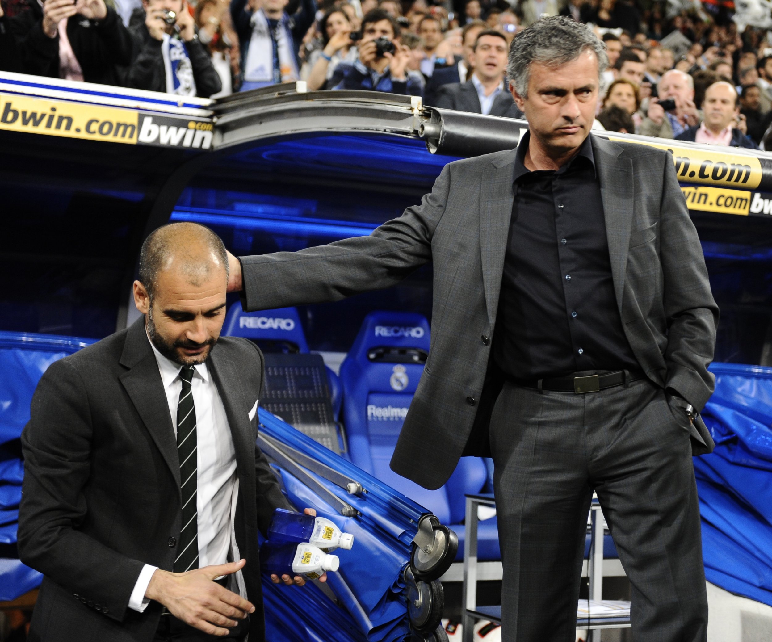 Pep Guardiola, left, and Jose Mourinho were rivals in Spain.