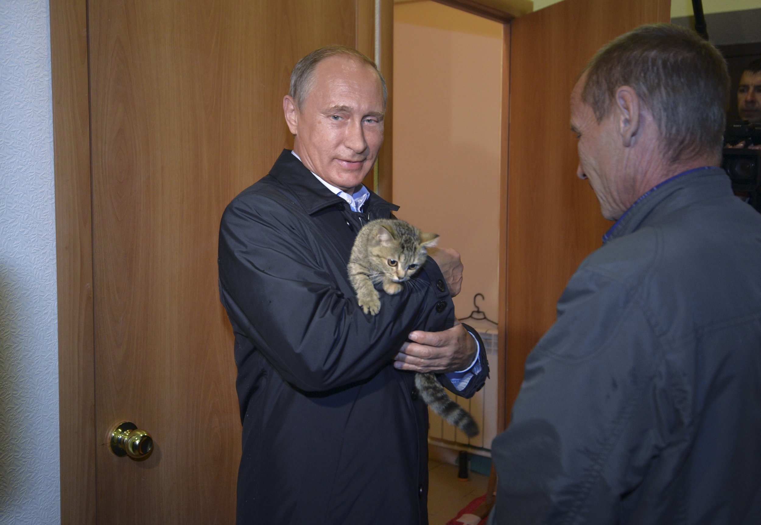 Putin smiles while holding a cat