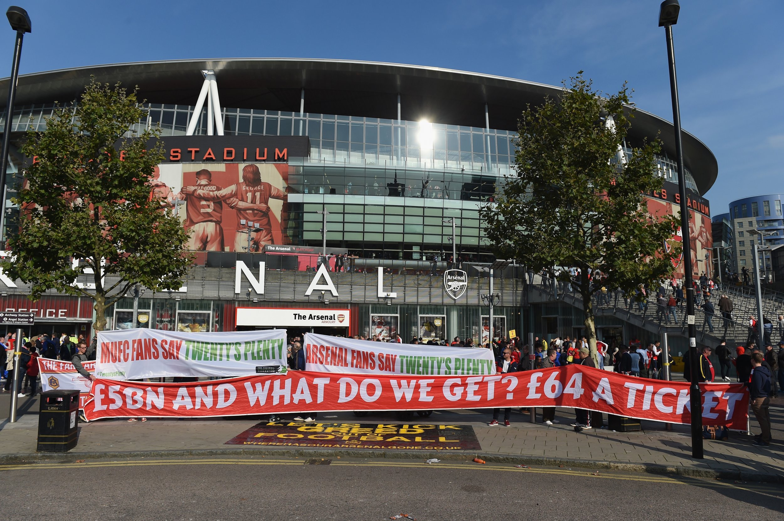Ticket price protests outside Emirates Stadium, Arsenal's home ground.