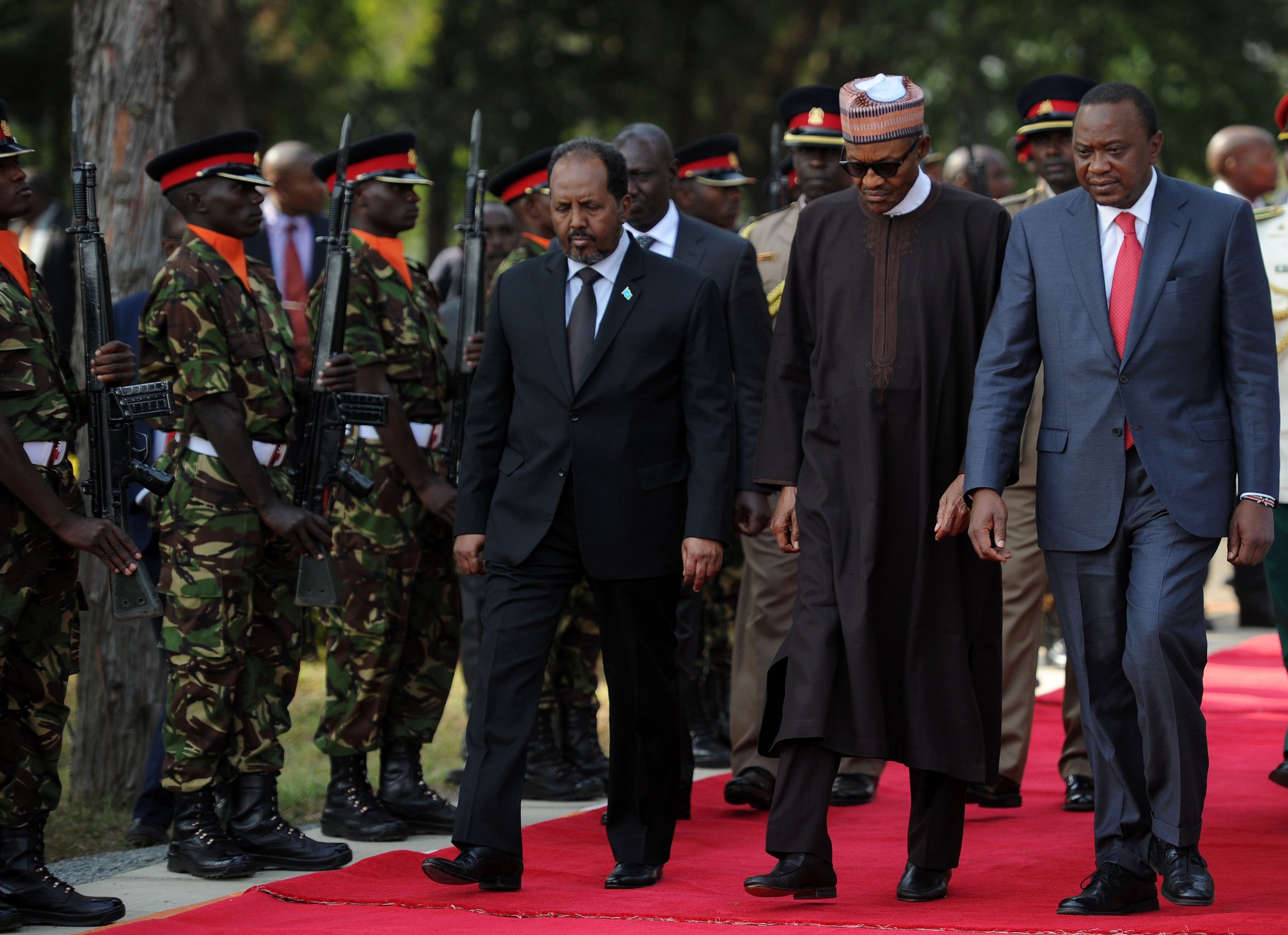 Hassan Sheikh Mohamud with Muhammadu Buhari and Uhuru Kenyatta.