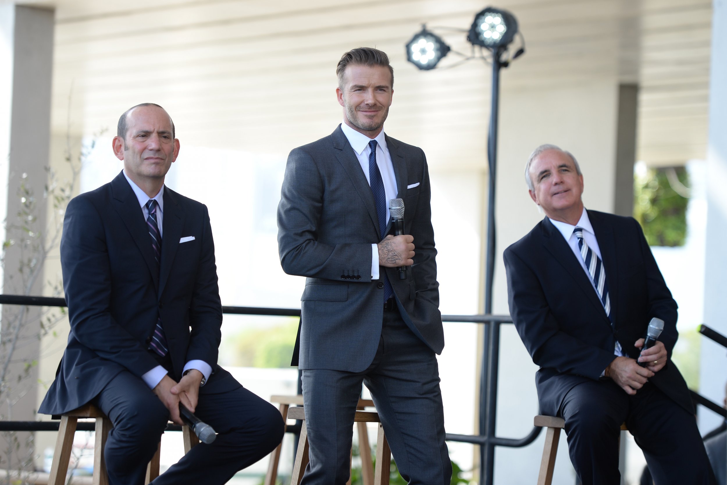 David Beckham, centre, at the launch of his MLS franchise in February 2014.